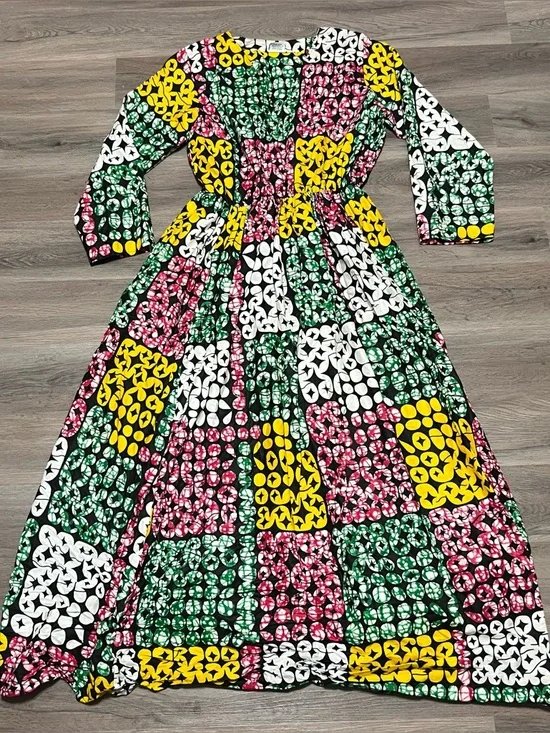 African Stars One Size Maxi Dress White Green Long Sleeve Cotton Tribal Ethnic - Picture 1 of 11